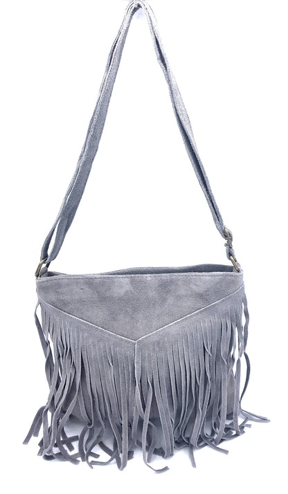 Sac à bandoulière en cuir suèdé à franges Chenoa ~ Gris