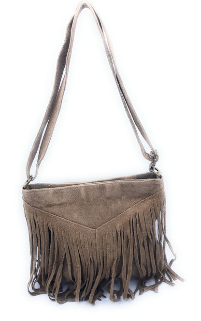 Chenoa Fringed Suede Leather Shoulder Bag ~ Taupe Brown
