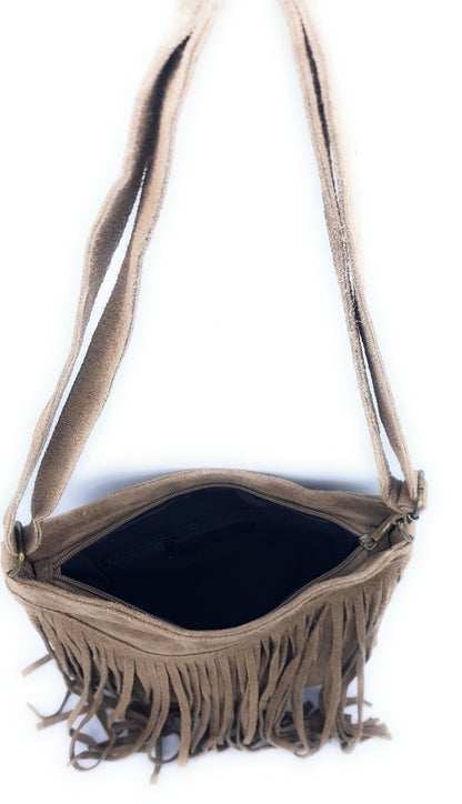 Chenoa Fringed Suede Leather Shoulder Bag ~ Taupe Brown