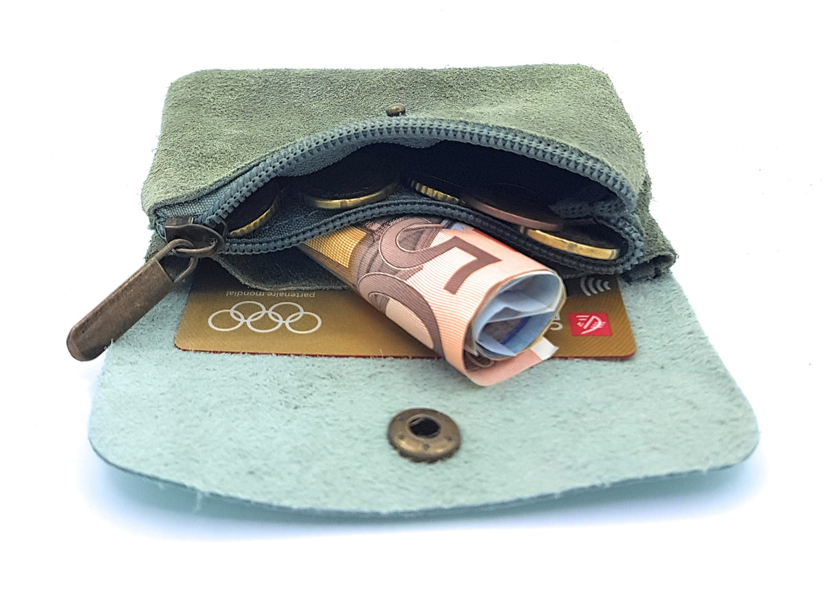 Aponi suede leather / iridescent coin purse ~ Almond green