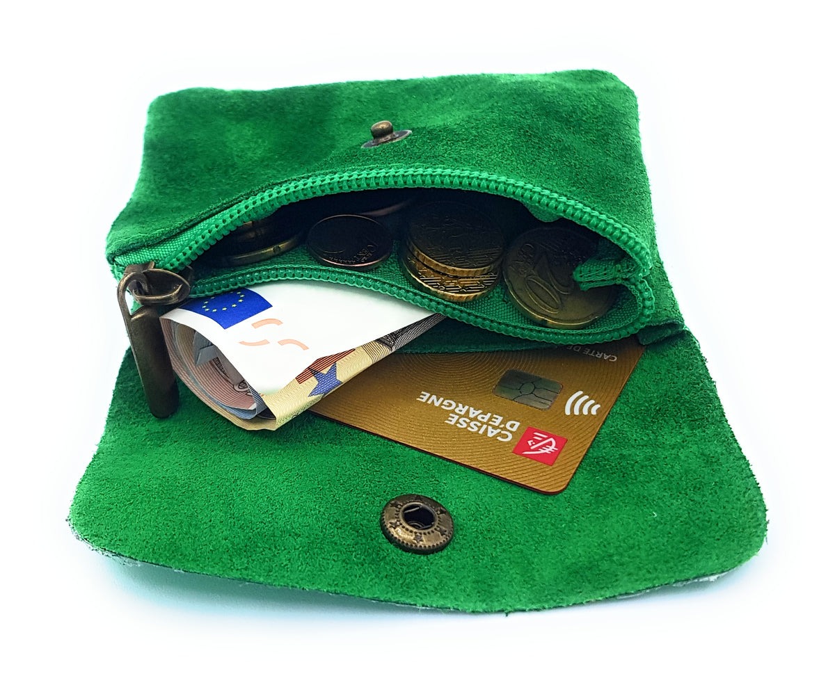 Aponi suede leather / iridescent coin purse ~ Emerald green