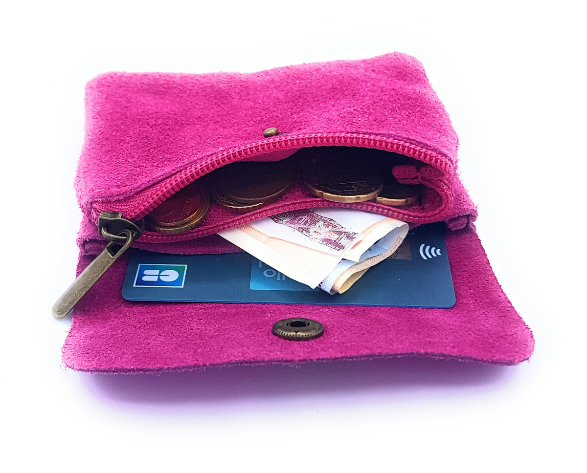 Porte-monnaie Aponi cuir suédé / irisé ~ Fuchsia