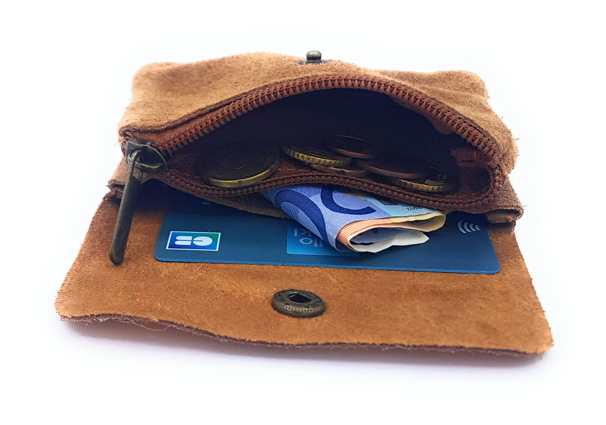 Aponi suede leather / iridescent coin purse ~ Copper / Camel