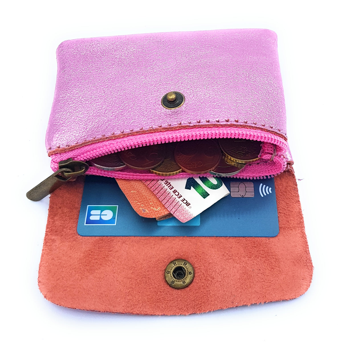 Porte-monnaie Aponi cuir irisé italien ~ Rose pâle