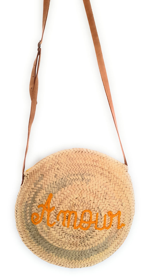 Sac de plage besace Amla "Amour" en feuille de palmier avec bandoulière en cuir ~ Jaune