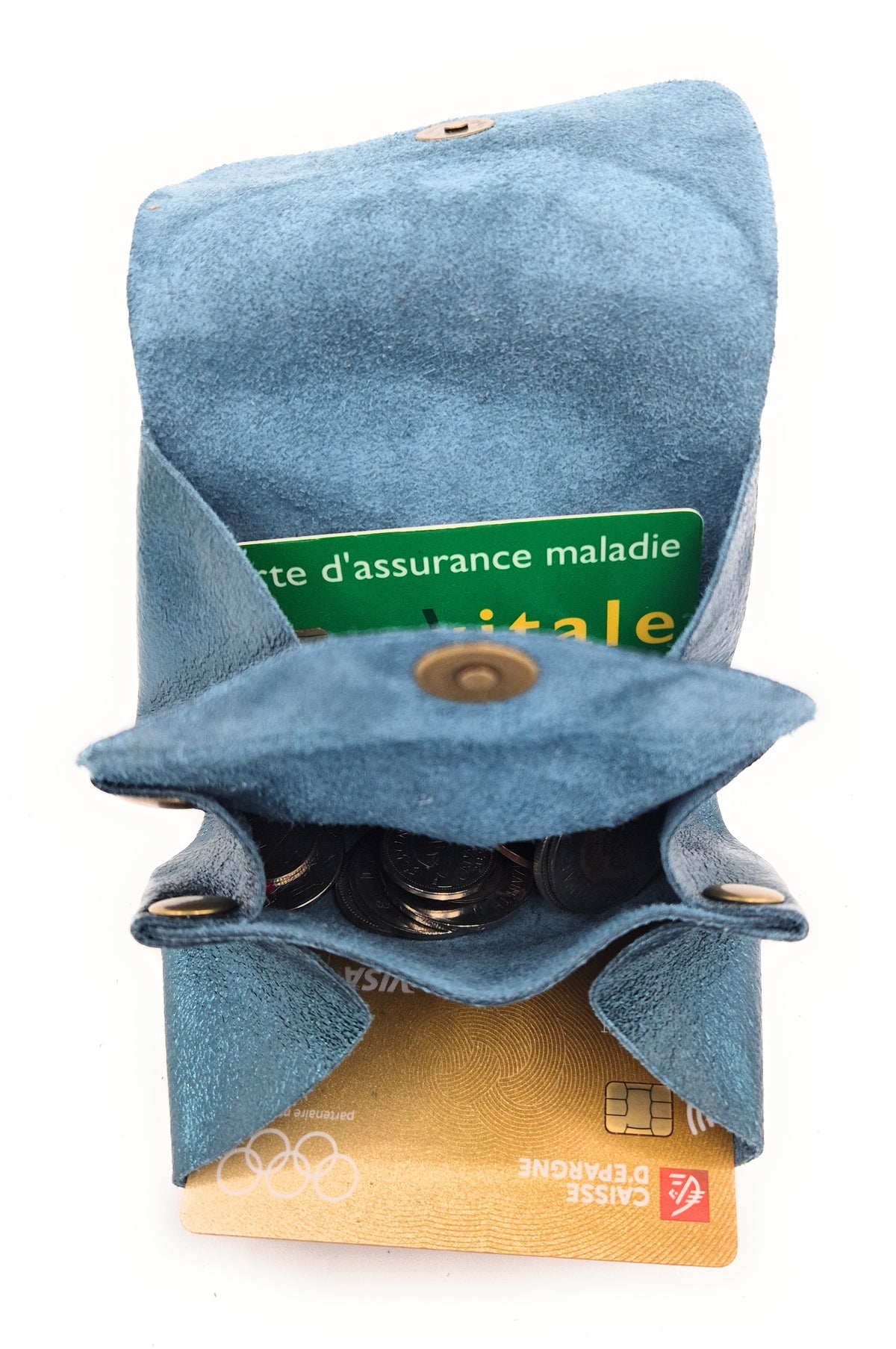 Porte-monnaie en cuir irisé Etania ~ Bleu canard