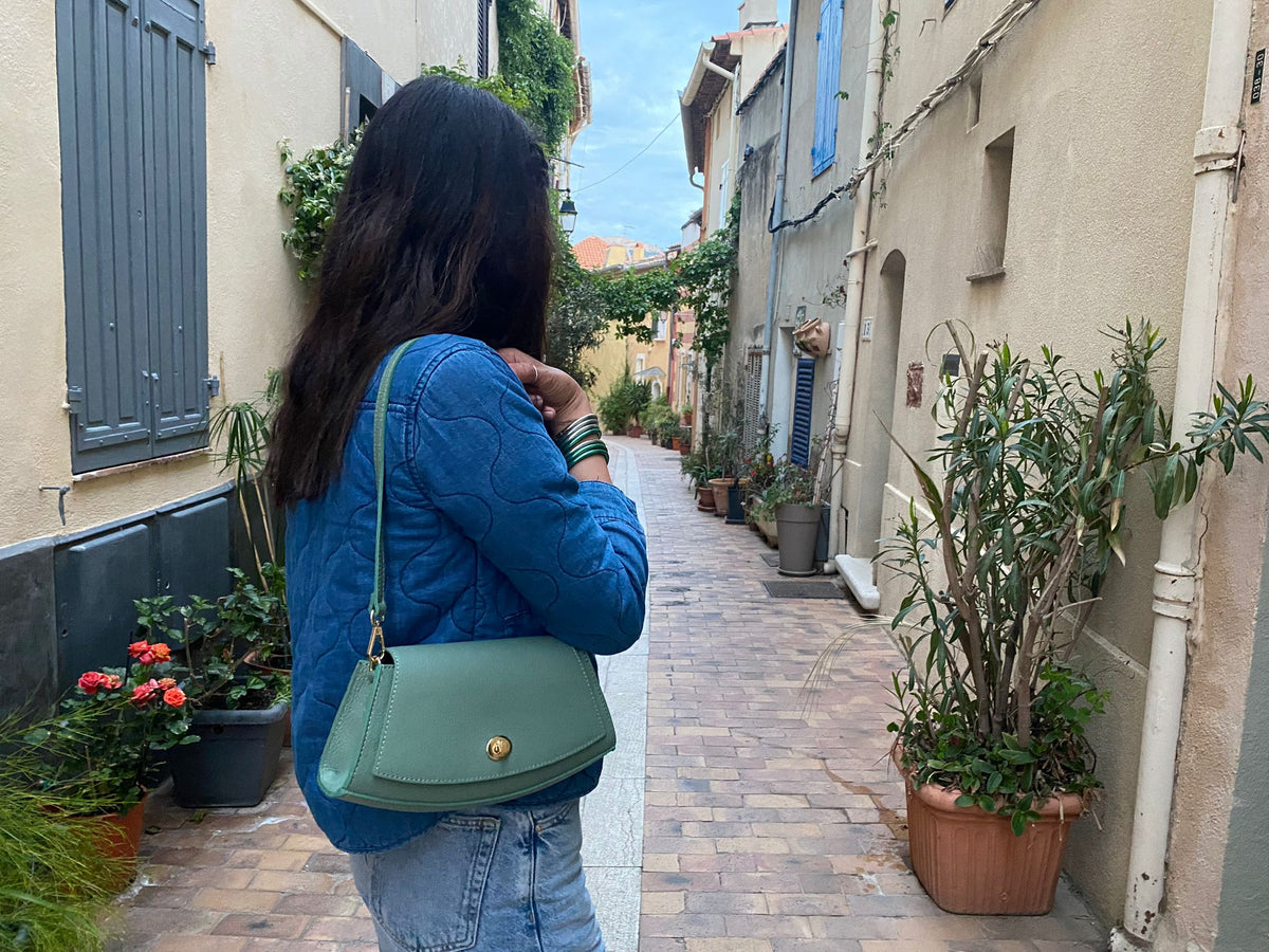 Paco Leather Half Moon Shoulder Bag ~ Olive Green