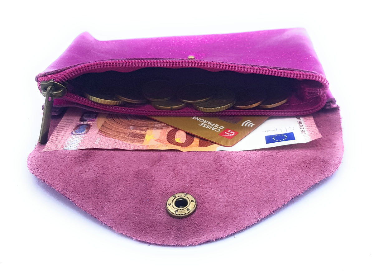 Porte-monnaie Aquene en cuir irisé Fushia