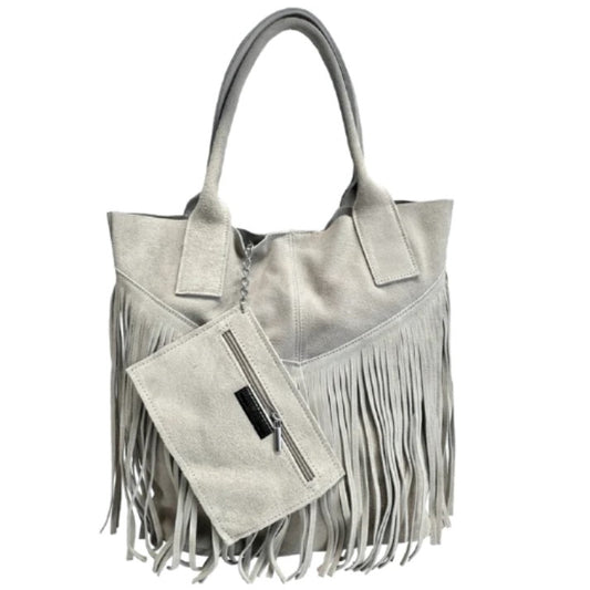 Sac shopper Naya en cuir suédé à franges ~ Blanc