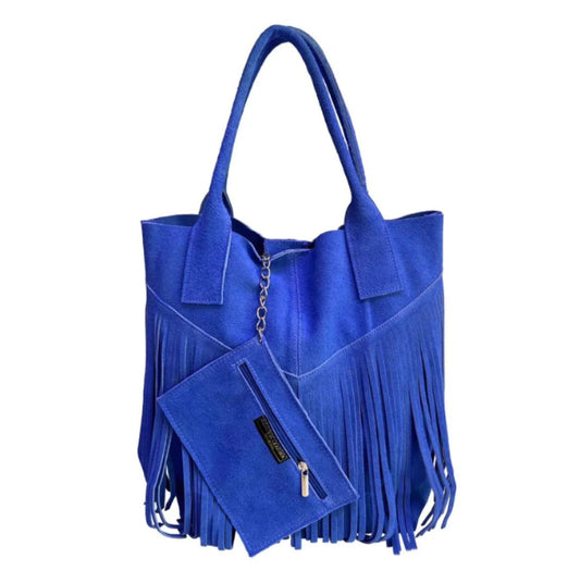 Sac shopper Naya en cuir suédé à franges ~ Bleu royale