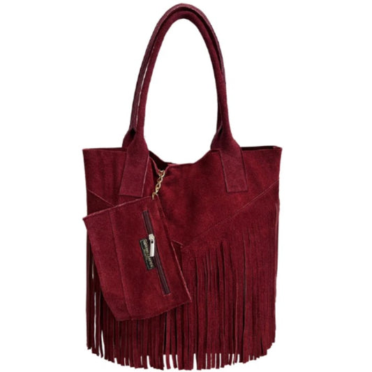Sac shopper Naya en cuir suédé à franges ~ Bordeaux