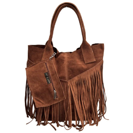 Sac shopper Naya en cuir suédé à franges ~ Brun