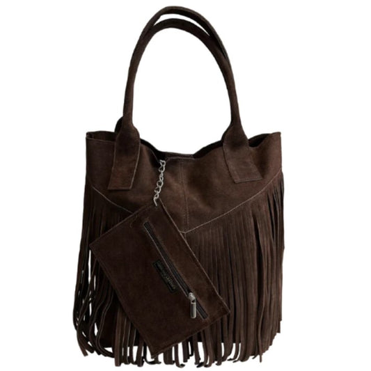 Sac shopper Naya en cuir suédé à franges ~ Chocolat