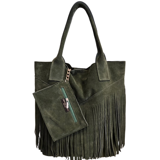 Sac shopper Naya en cuir suédé à franges ~ Kaki