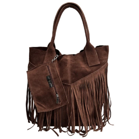 Sac shopper Naya en cuir suédé à franges ~ Marron