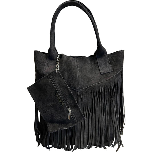 Sac shopper Naya en cuir suédé à franges ~ Noir