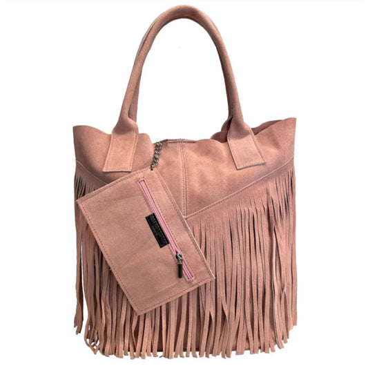Sac shopper Naya en cuir suédé à franges ~ Rose pâle