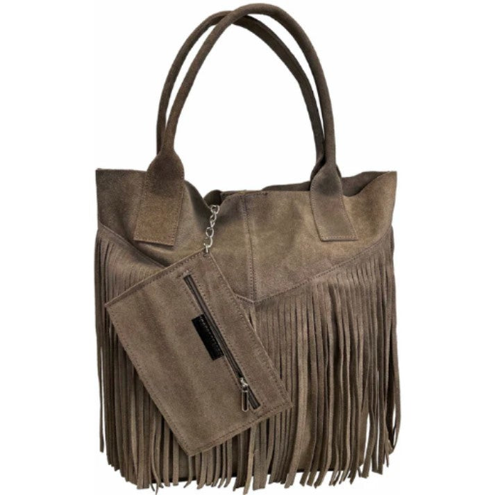 Sac shopper Naya en cuir suédé à franges ~ Sable