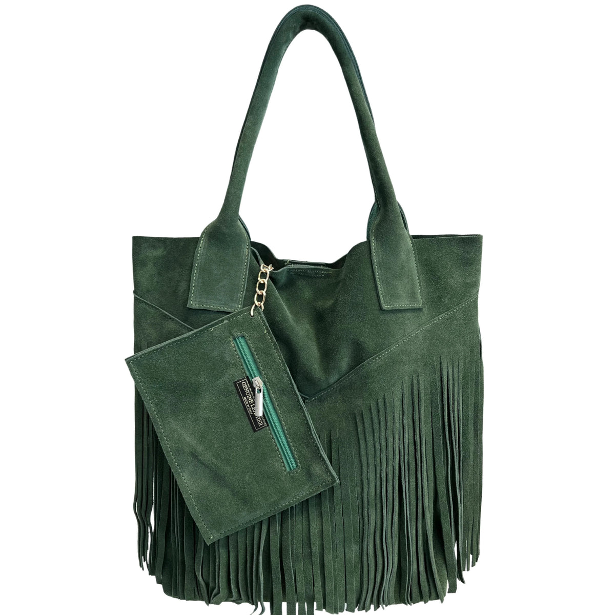 Sac shopper Naya en cuir suédé à franges ~ Vert sapin
