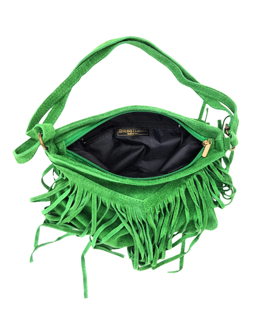 Chenoa Fringed Suede Leather Shoulder Bag ~ Emerald Green