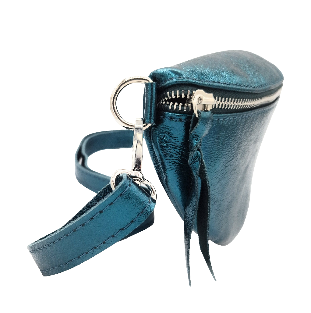 Sac banane en cuir irisé Dyani ~  Bleu canard