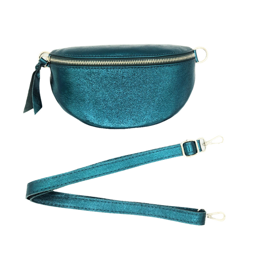 Sac banane en cuir irisé Dyani ~  Bleu canard