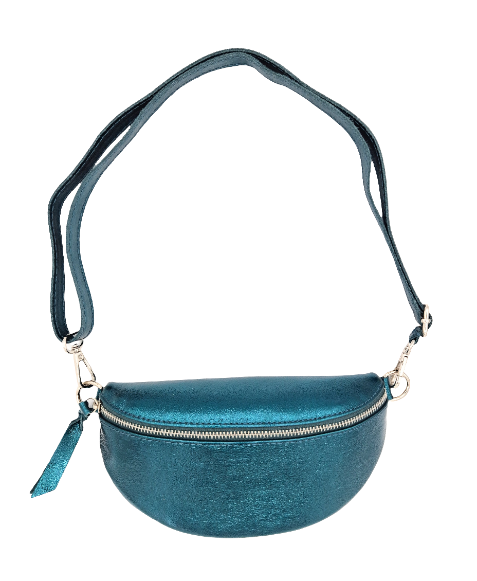 Sac banane en cuir irisé Dyani ~  Bleu canard