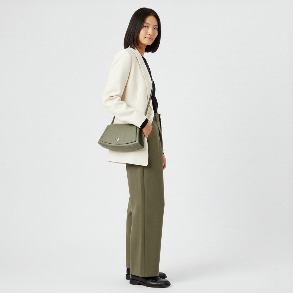 Paco Leather Half Moon Shoulder Bag ~ Khaki