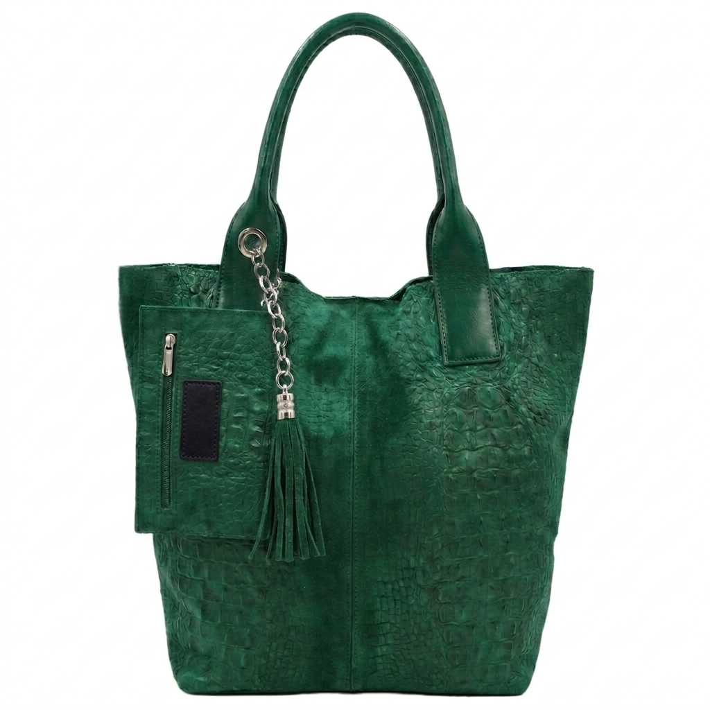 Gator shopper bag in alligator-embossed suede leather ~ Fir green 
