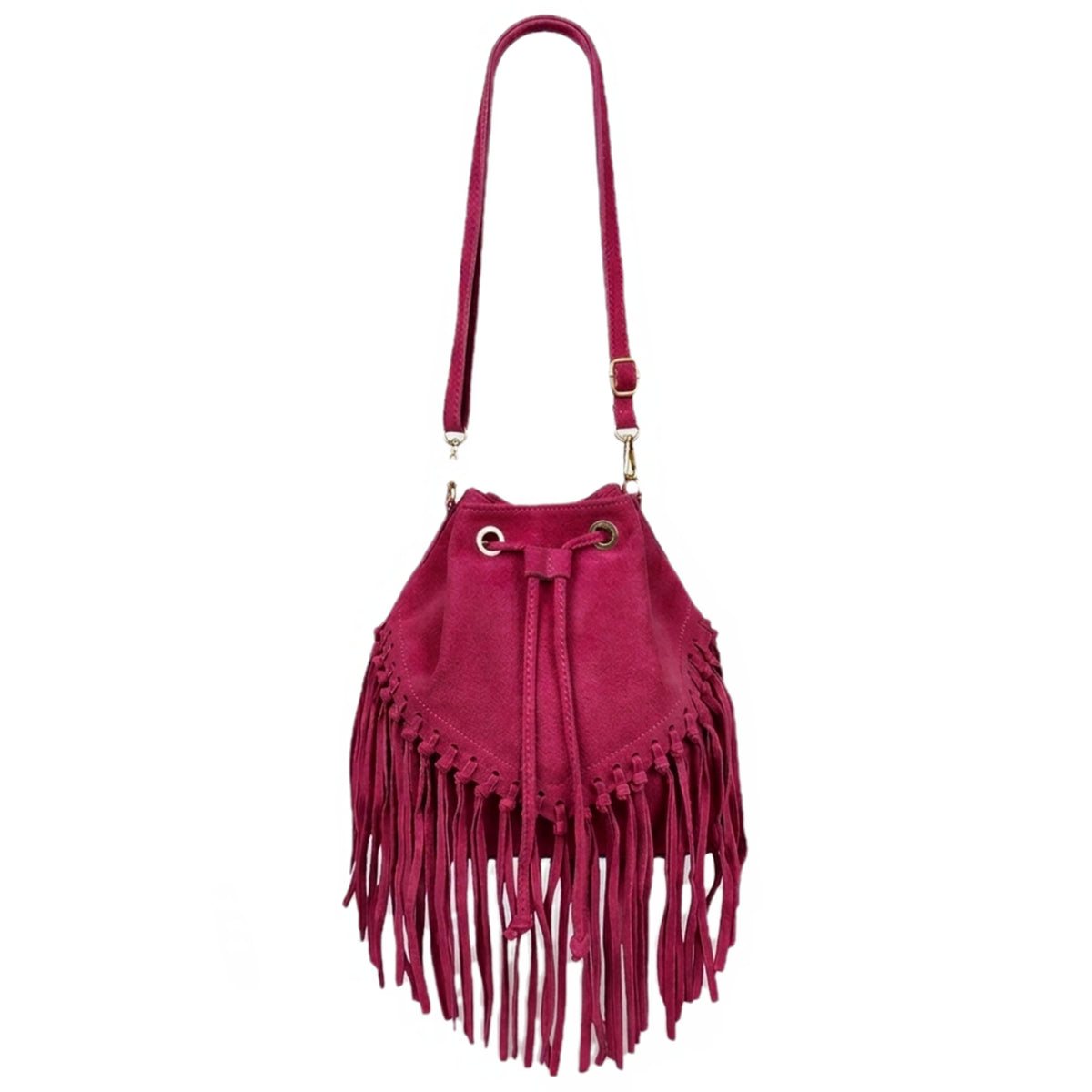 Sac bourse à franges Mahala en cuir suédé ~ Fuchsia