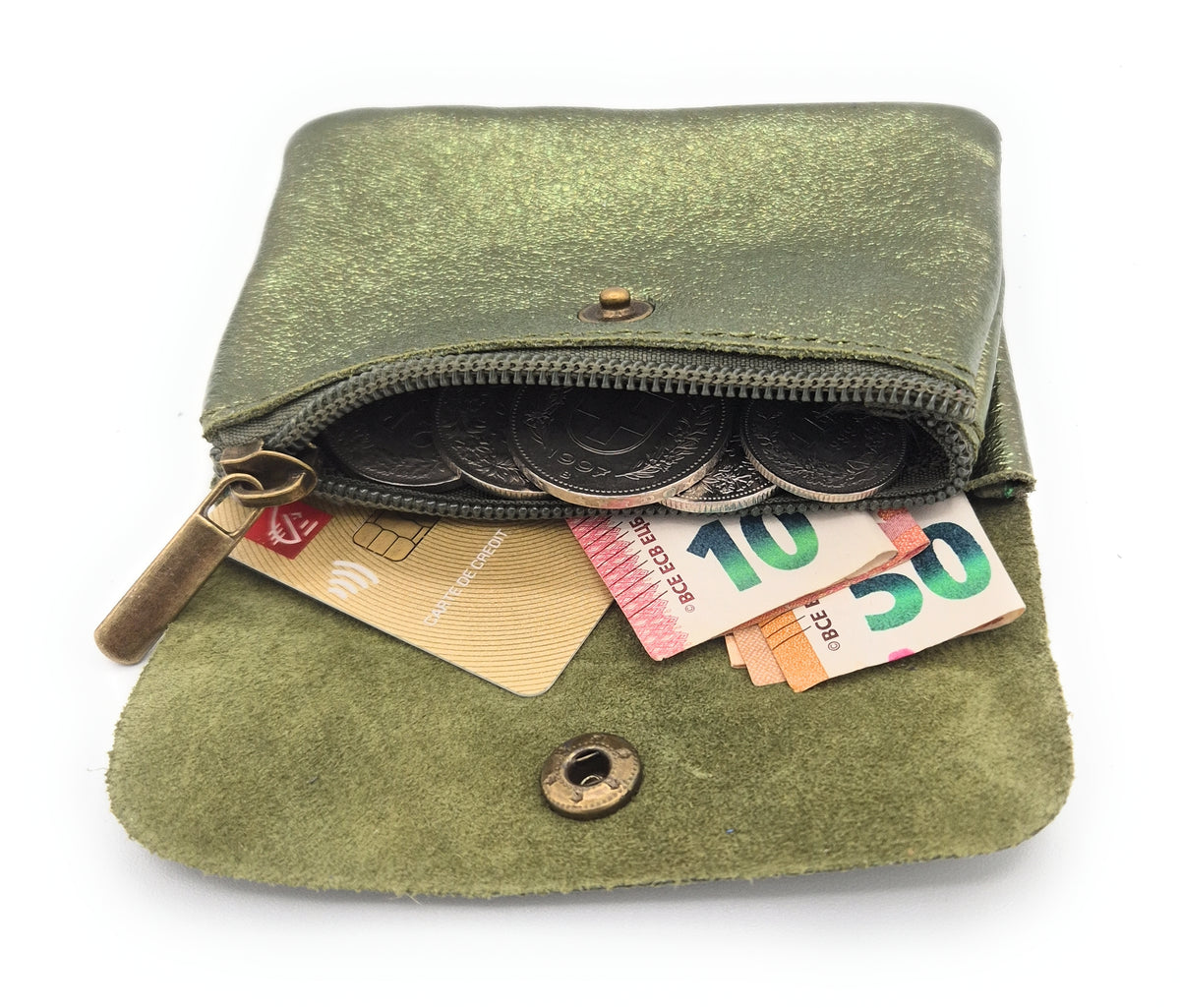 Porte-monnaie Aponi cuir irisé italien ~ Kaki