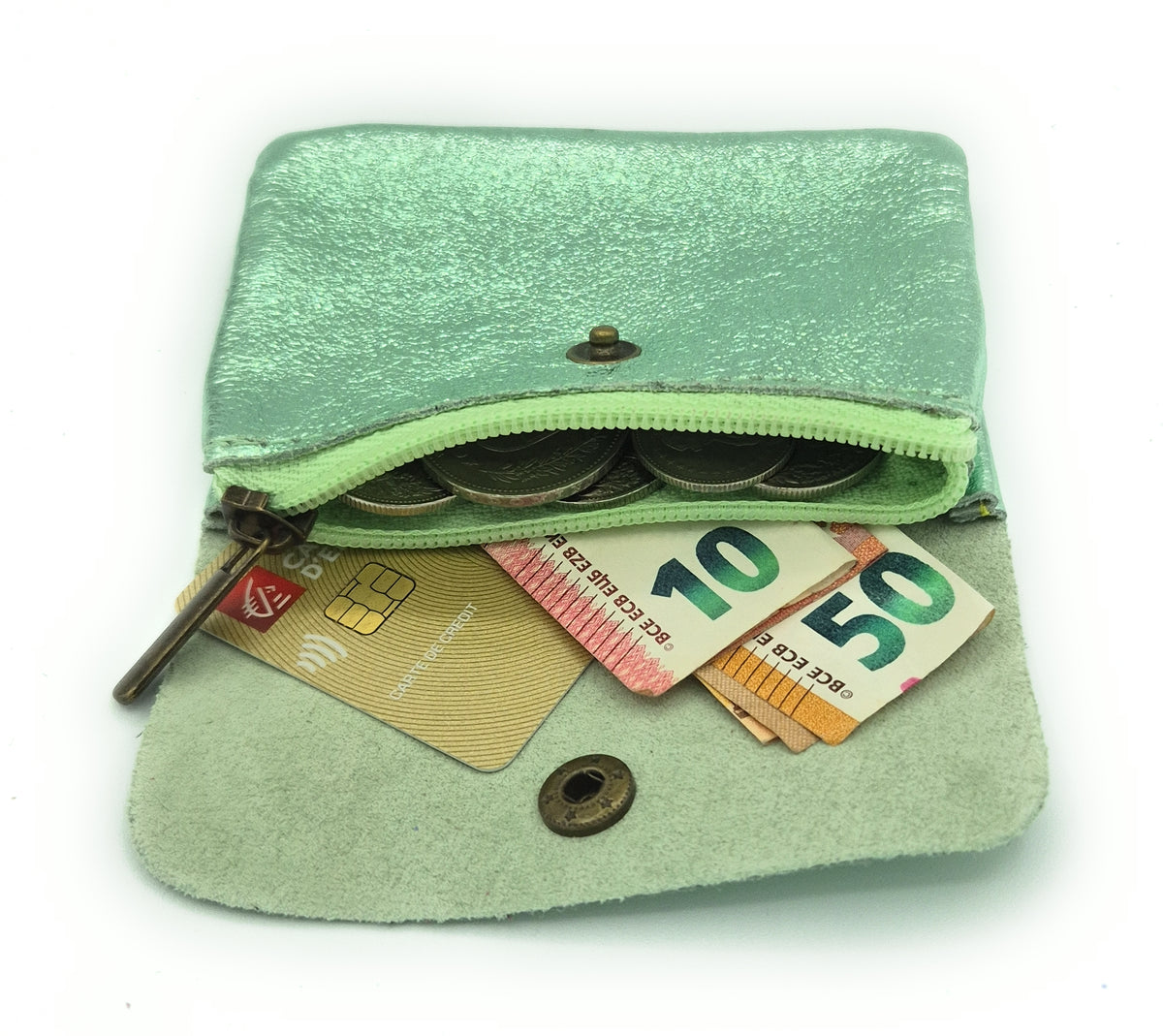 Porte-monnaie Aponi cuir irisé italien ~ Vert amande