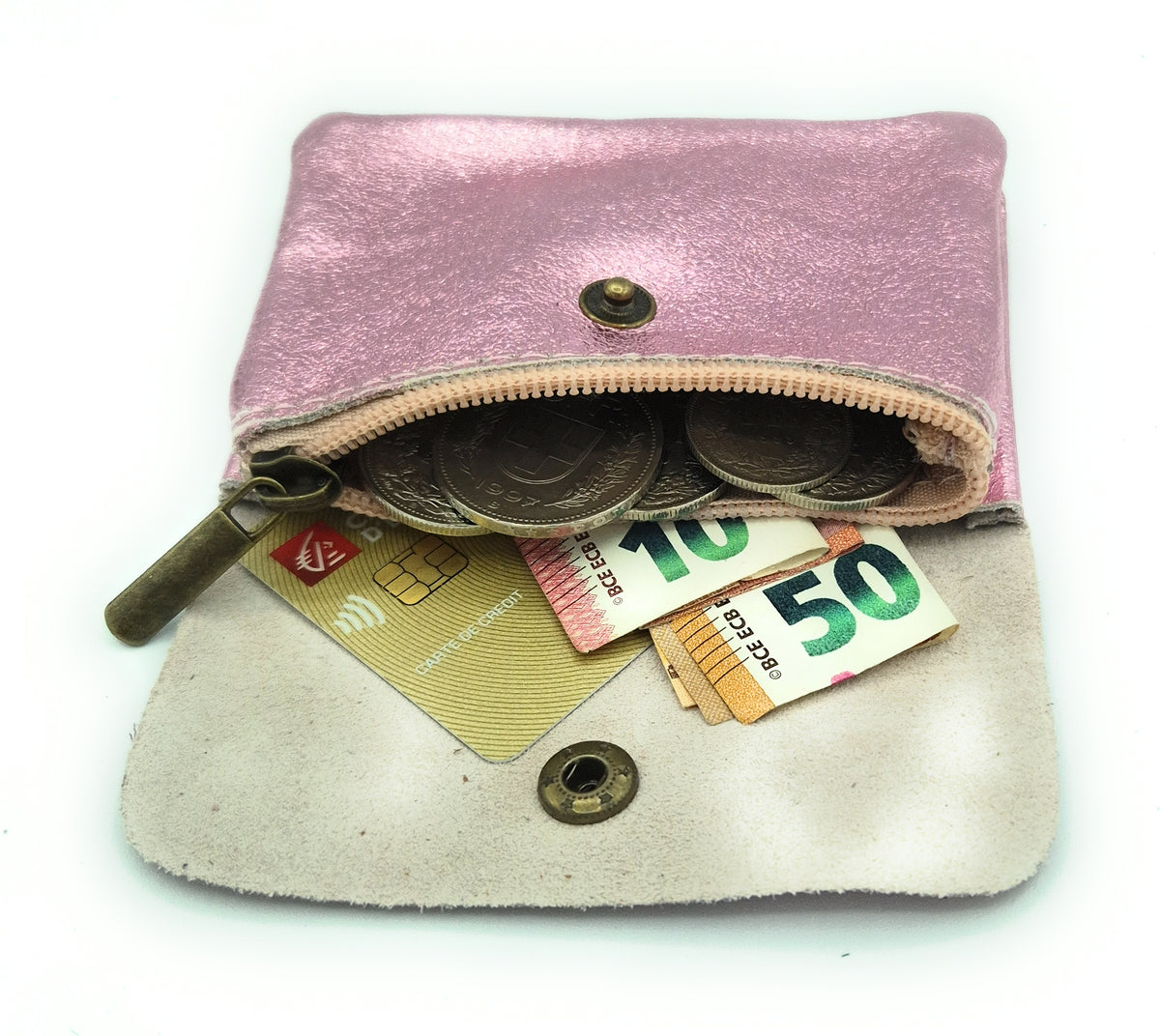 Porte-monnaie Aponi cuir irisé italien ~ Rose pâle